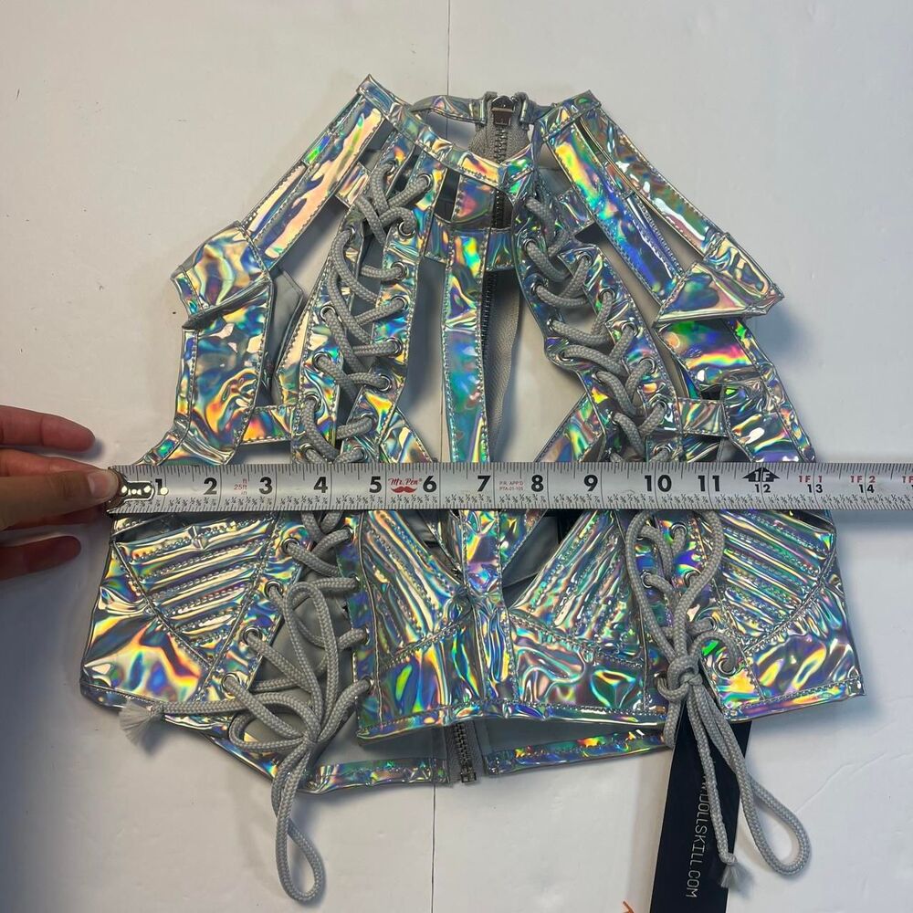NWT Club Exx Silver Holographic Lace-Up Corset Top Cut-Out Festival Rave XS - Picture 6 of 7